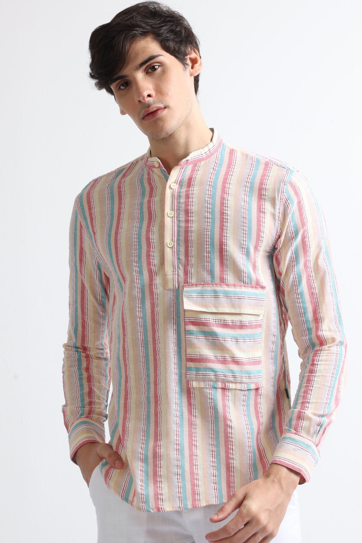 Lemon Vintage Flap Pocket Mandarin Collar Shirt for Men