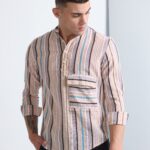 Beige Vintage Striped Shirt with Mandarin Collar and Flap Pocket