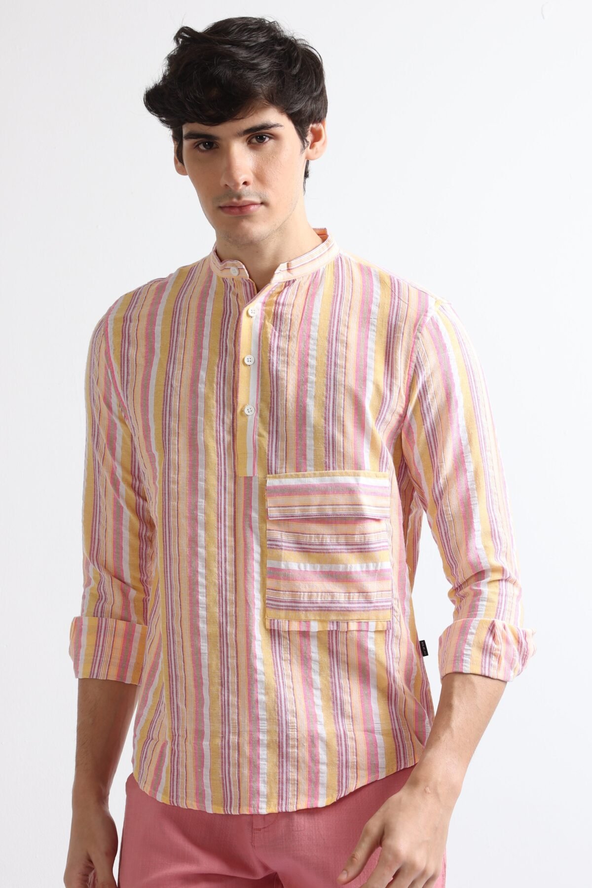 Yellow Vintage Flap Pocket Mandarin Collar Shirt for Men