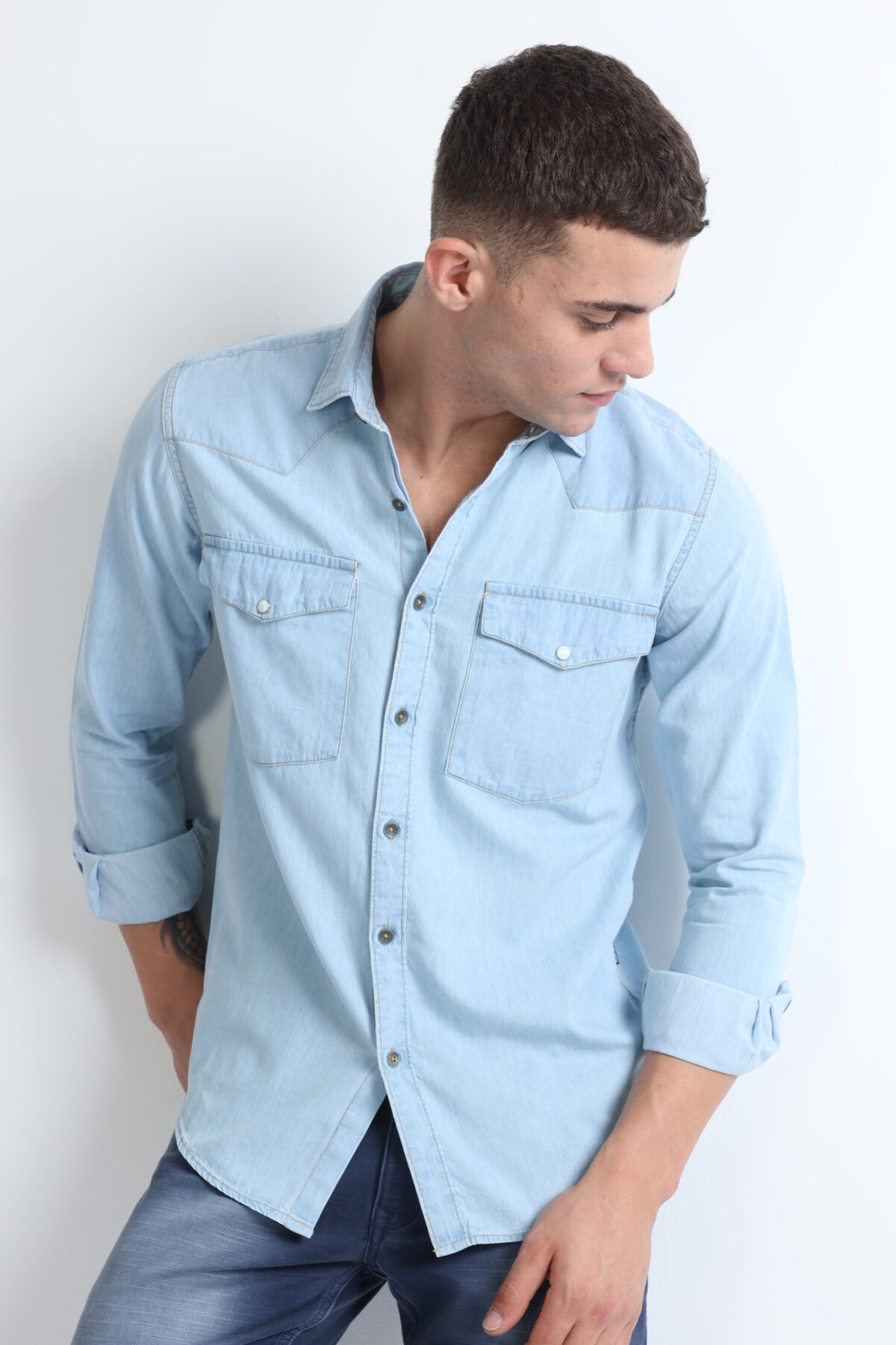 Men Cool Blue Double Pocket Shirt with Contrast Stitching