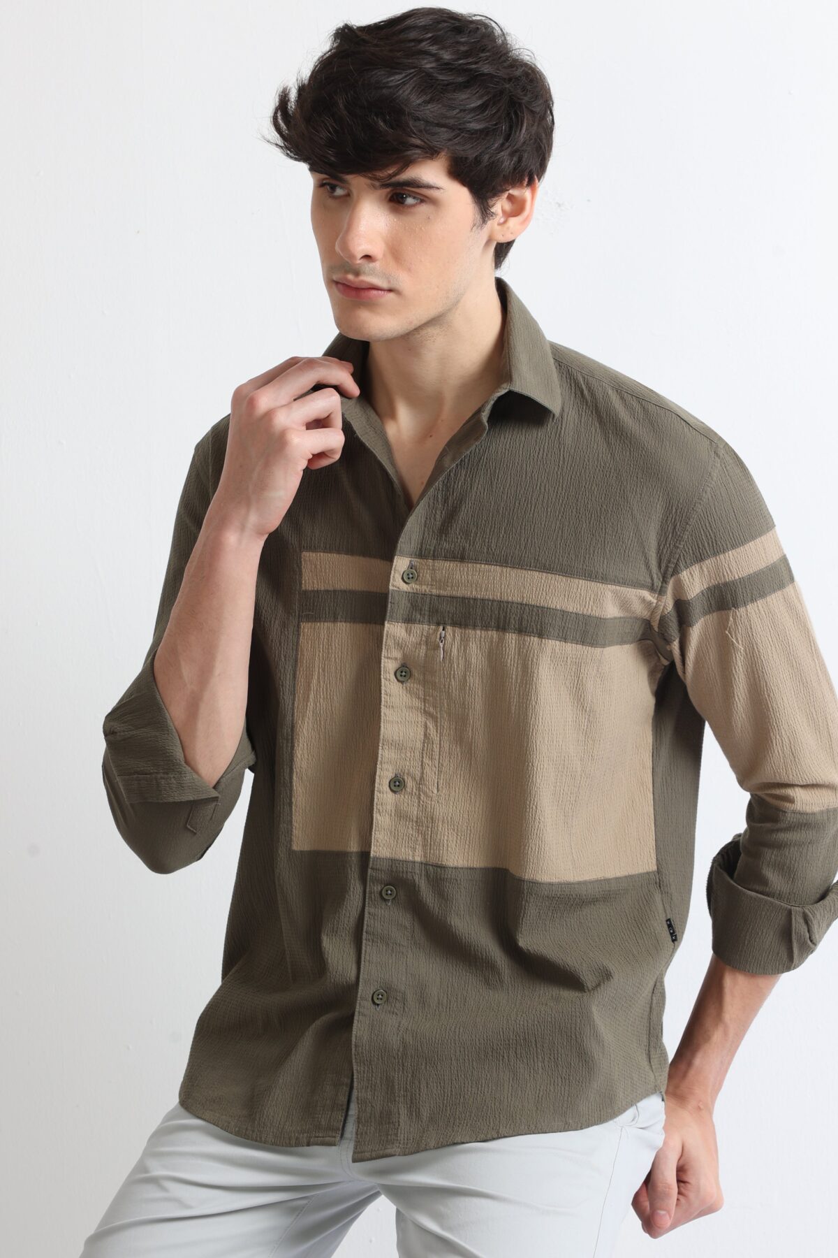 Olive Crushed Panel Shirt with a Stylish Look for Men