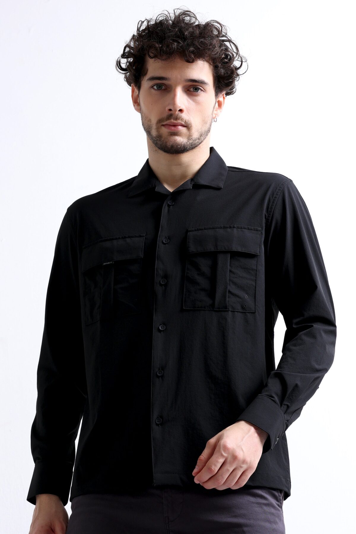 Black Cargo Shirt with Cuban Collar and Double Pocket Style for Men
