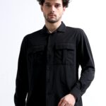 Black Cargo Shirt with Cuban Collar and Double Pocket Style for Men