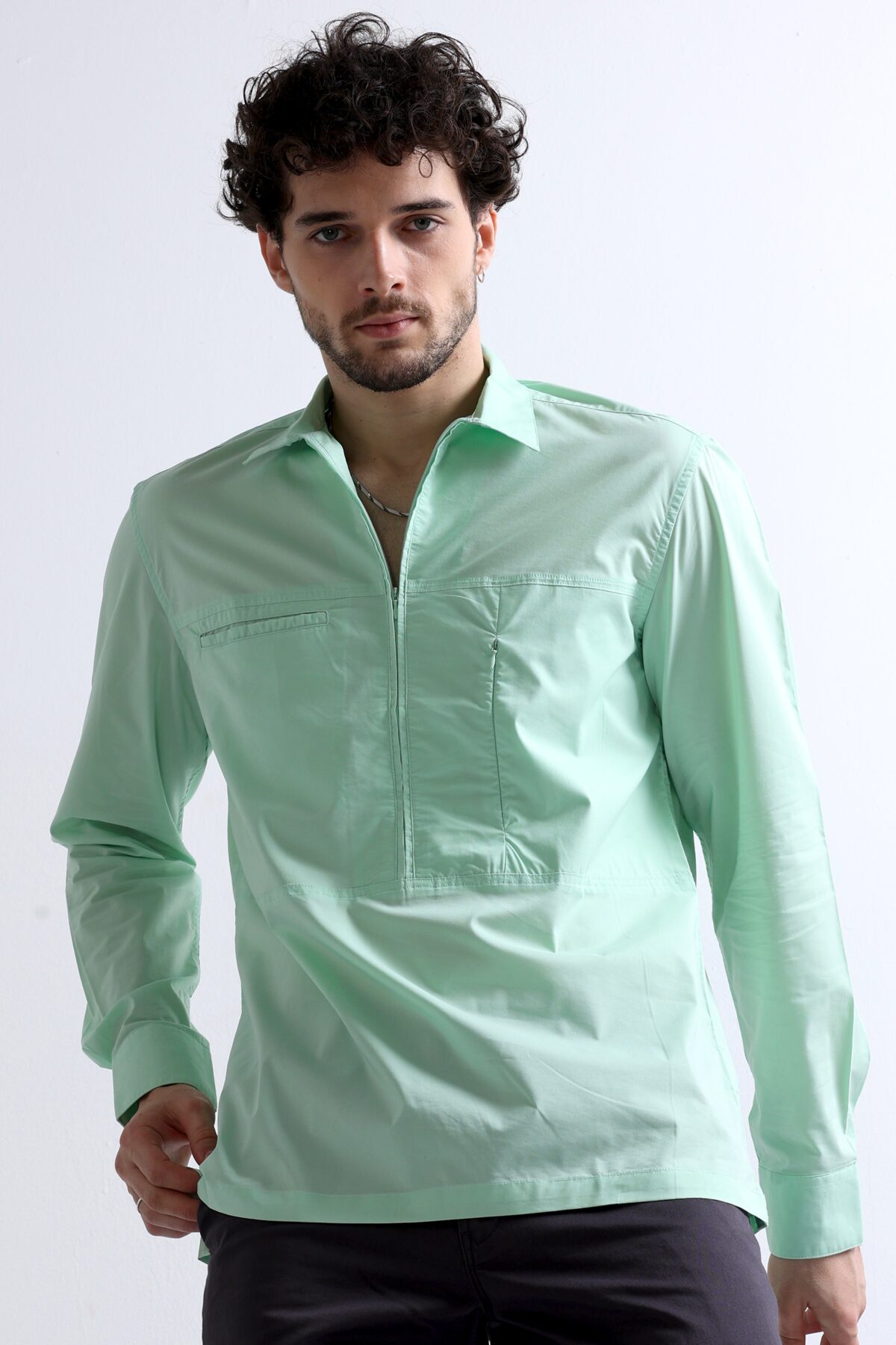 Pista Green Double Pocket Shirt with Cut and Sew Style