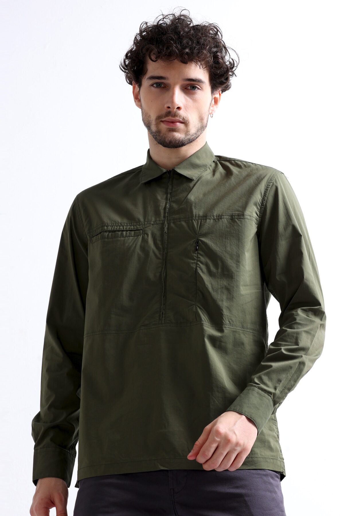 Olive Double Pocket Shirt with Cut and Sew Design for Men