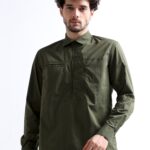 Olive Double Pocket Shirt with Cut and Sew Design for Men