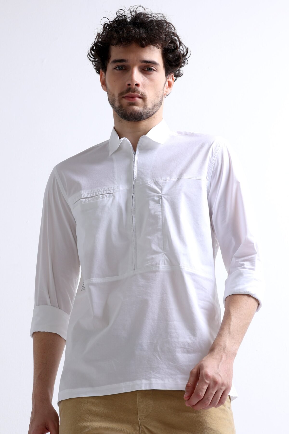 Smart White Men Shirt with Cut and Sew Double Pocket Design