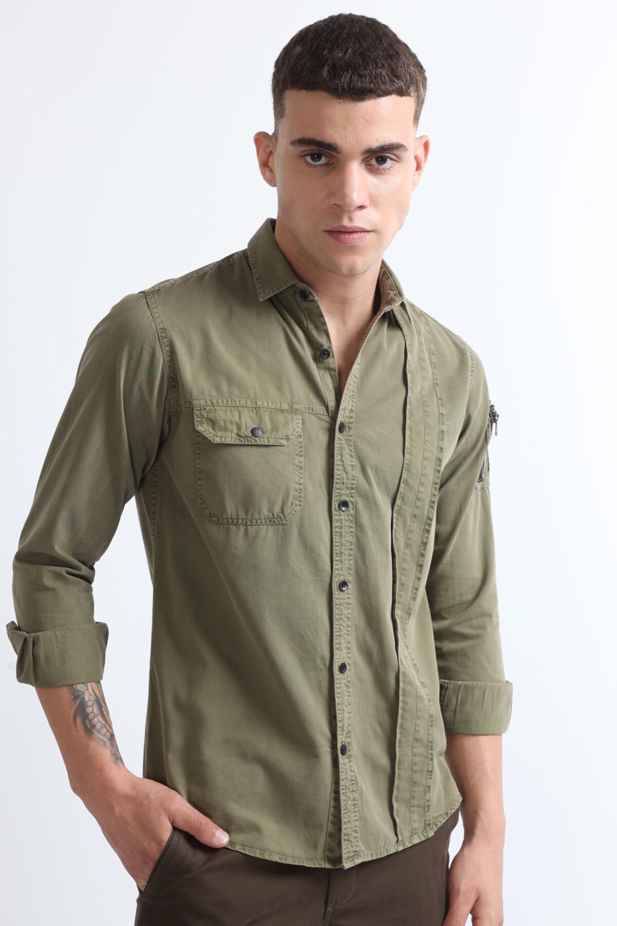 Olive Double Pocket Shirt with Cut and Sew RFD Design for Men