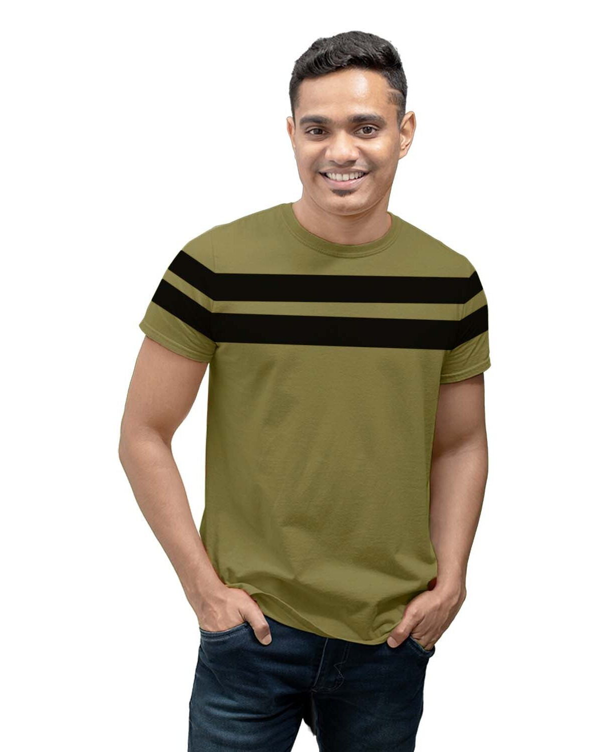 Black & Olive Striped Casual T-Shirt