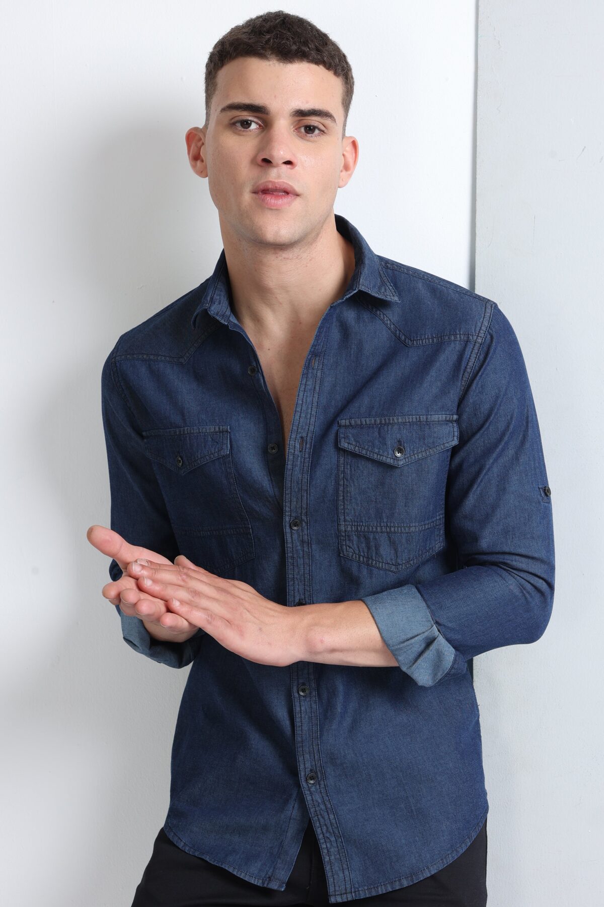 Navy Roll-Up Sleeve Shirt with Stylish Double Pocket Design for Men