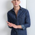 Navy Roll-Up Sleeve Shirt with Stylish Double Pocket Design for Men