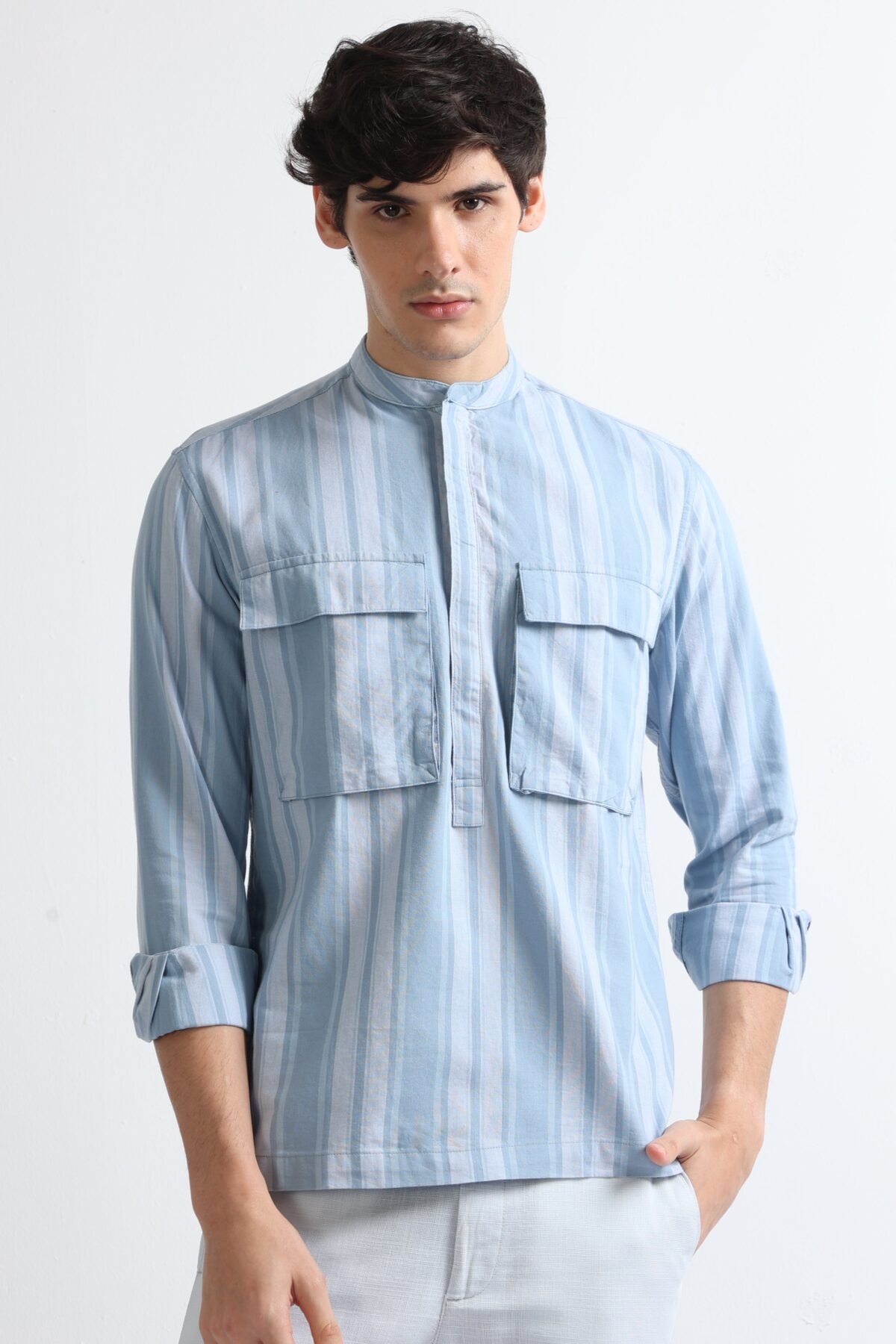 Sky Blue Kurta Style Double Pocket Shirt for Men