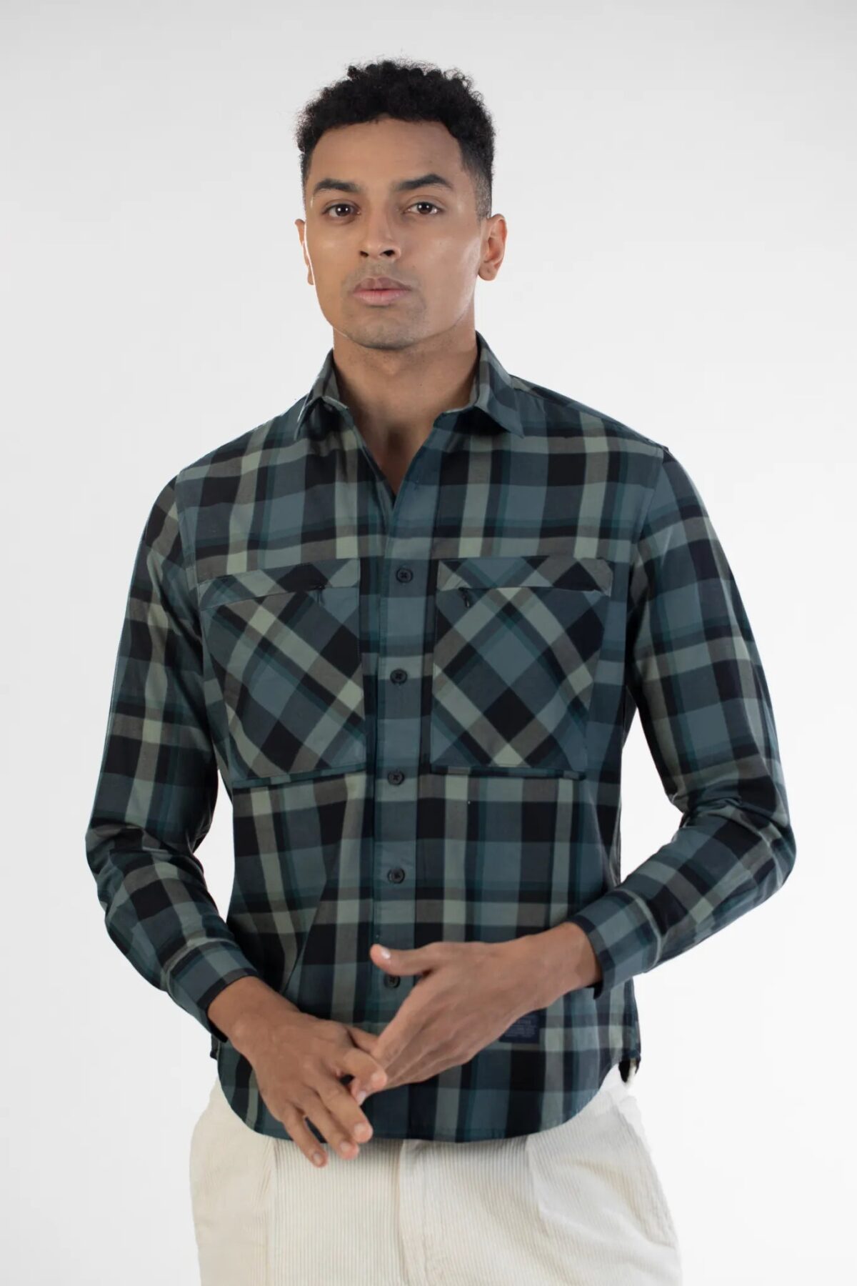 Men Double Pocket Twill Checks Shirt | Green