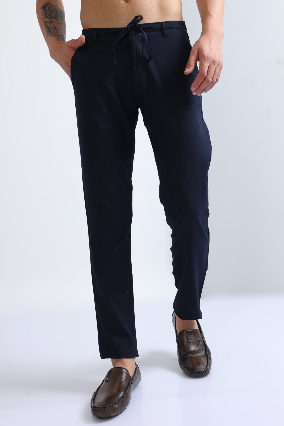 Men Relaxed Linen Drawstring Pants | Navy