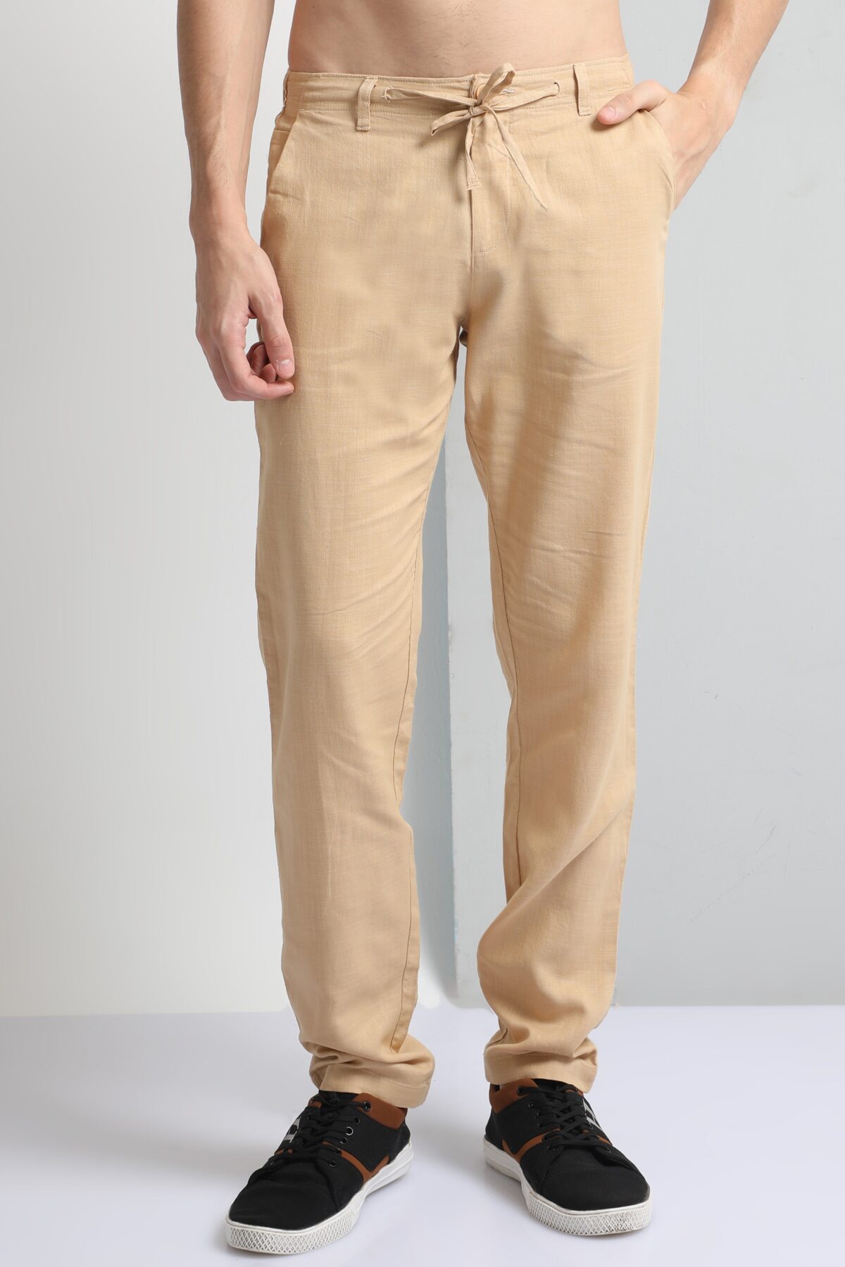 Men Relaxed Linen Drawstring Pants | Khaki