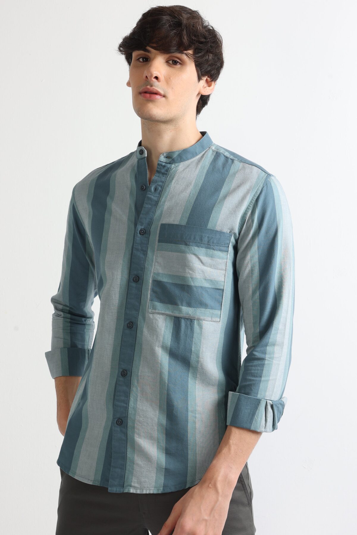Men Dusky Green Mandarin Collar Shirt with Stripes