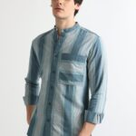 Men Dusky Green Mandarin Collar Shirt with Stripes