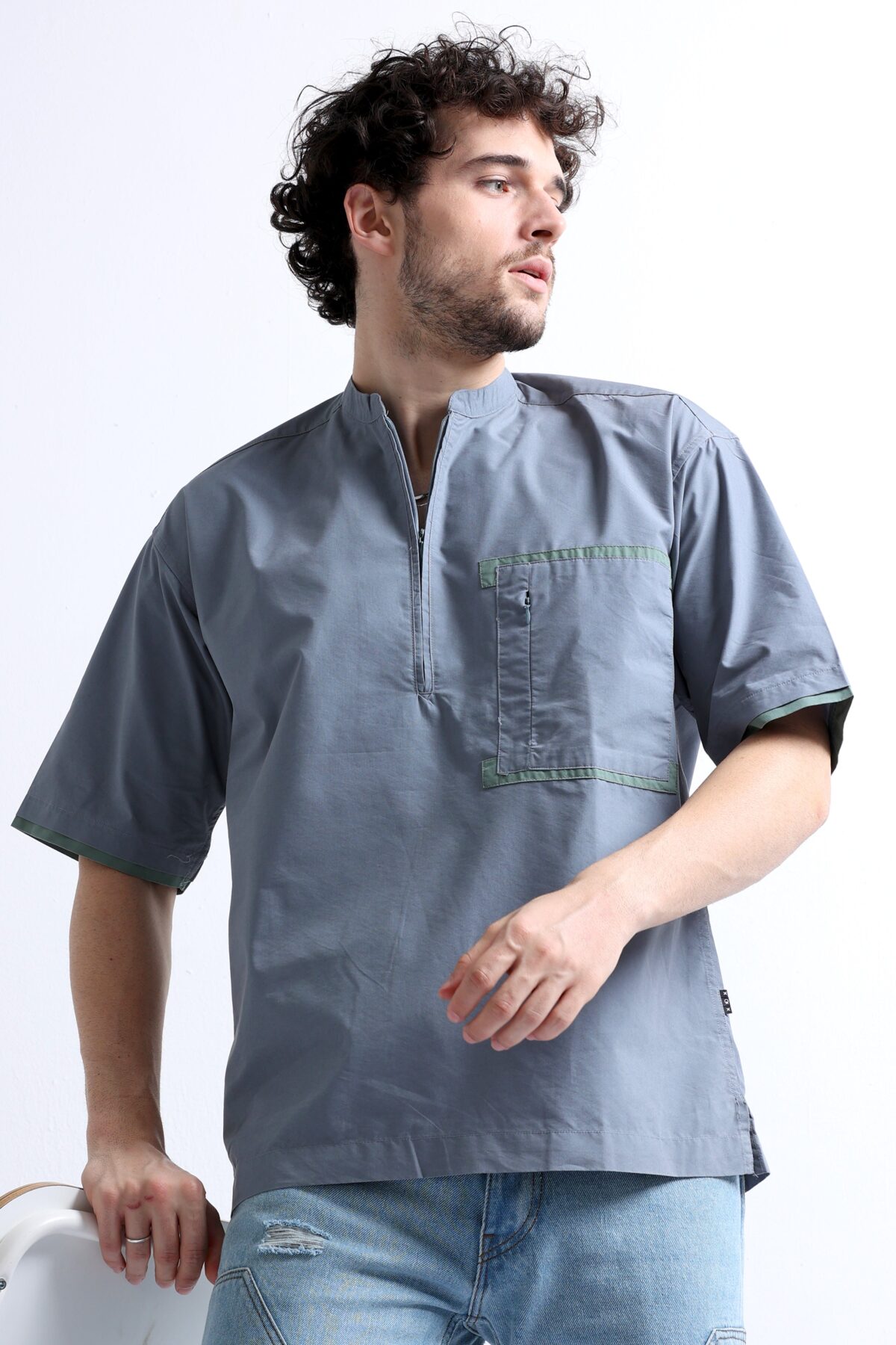 Grey Chinese Collar Men Fashionable Shirt