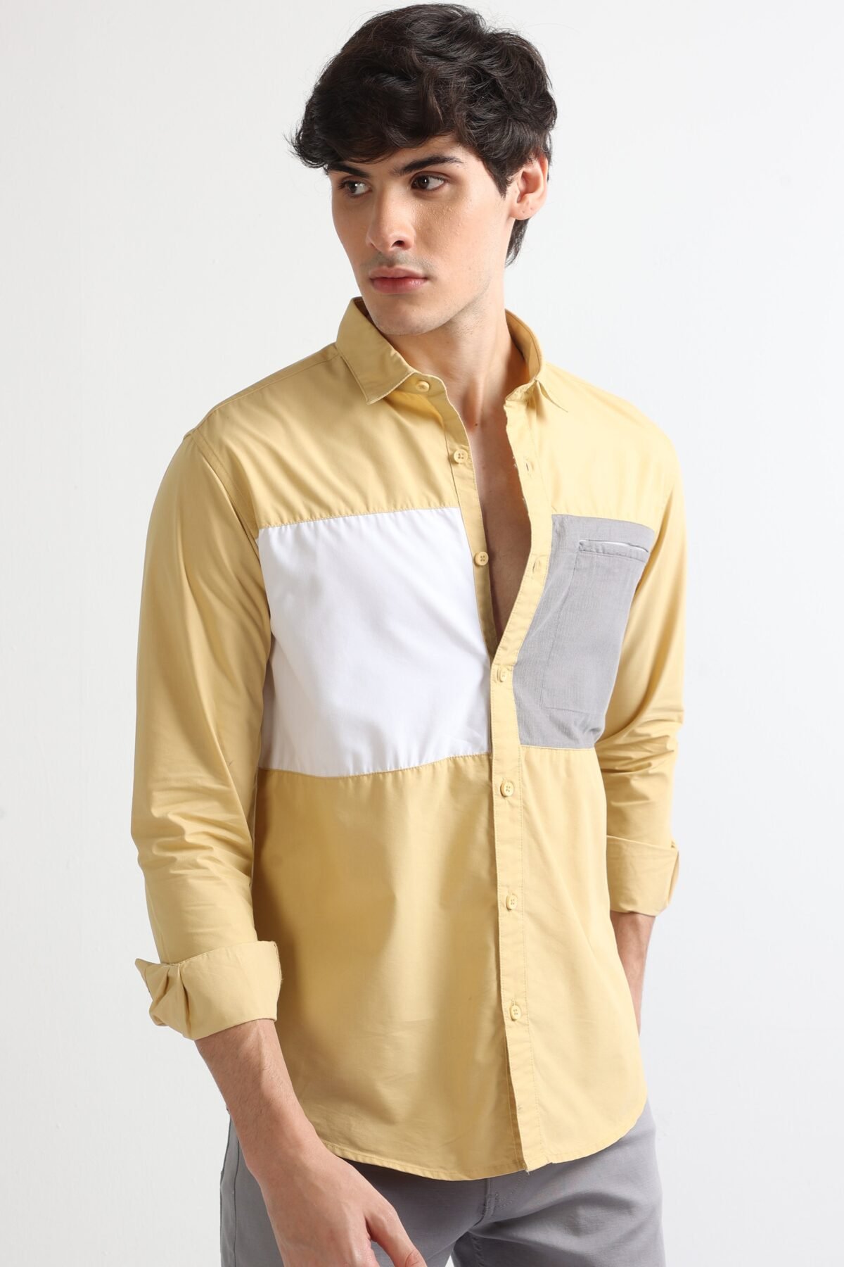 Yellow Poline Casual Shirt with Finest Cut and Sew Design for Men