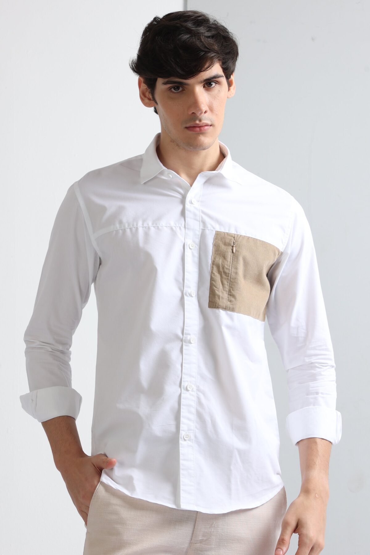 White Poplin Corduroy Shirt with Stylish Pocket for Men