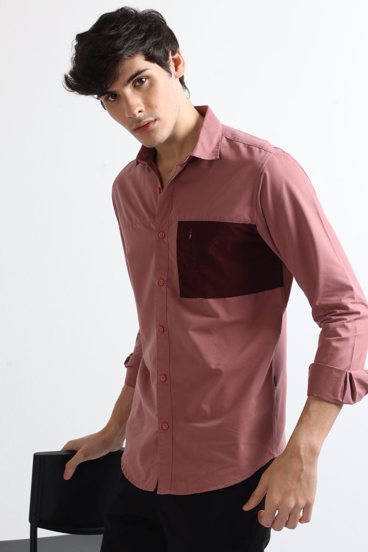 Rust Corduroy Shirt with Stylish Popline Pocket for Men