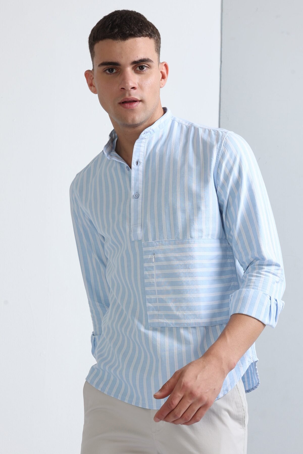 Sky Blue Fresh Look Striped Mandarin Collar Shirt for Men