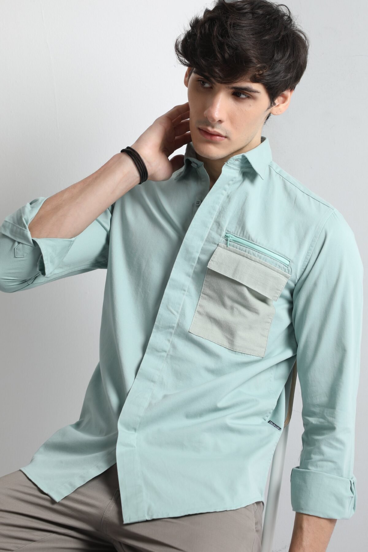 Sea Green Men Shirt with Hidden Pocket Design