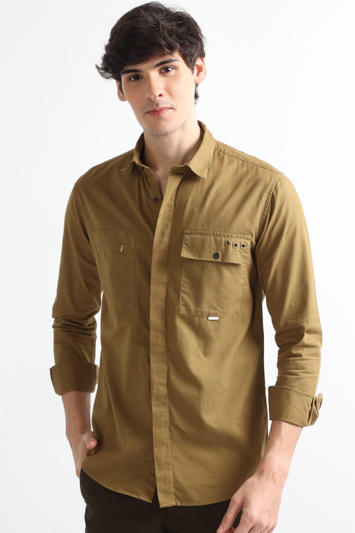 Khaki Single Pocket Shirt with Hidden Pocket Design for Men