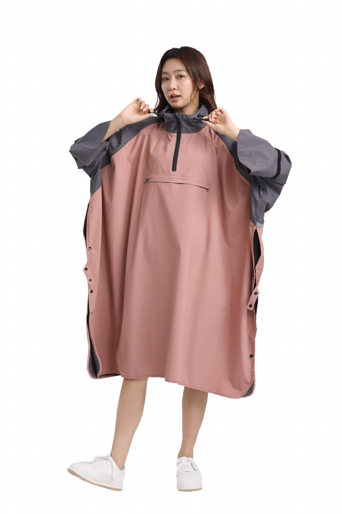Women's Pink Long Waterproof Poncho Raincoat Windproof Outdoor Protection