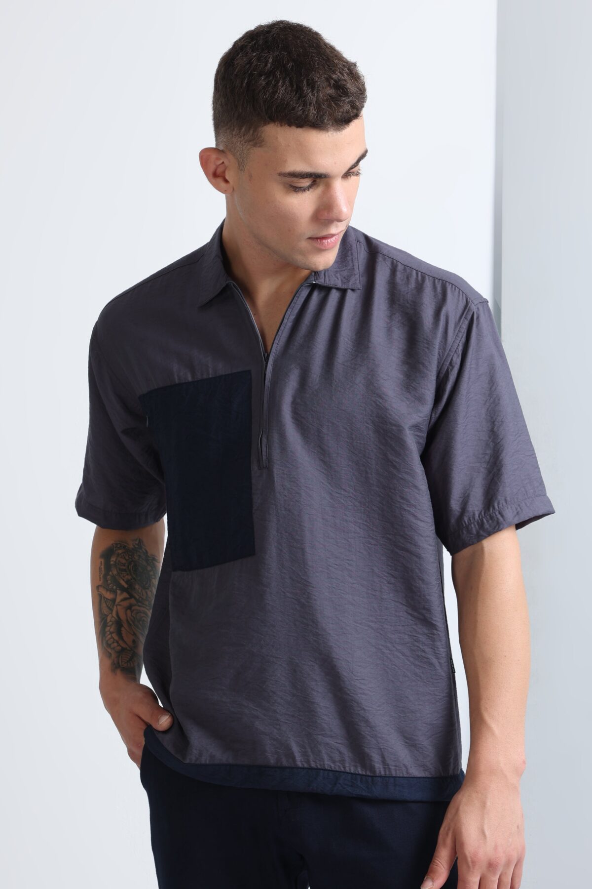 Dark Grey Stylish Shirt with Imported Fabric and Drawcord Design for Men
