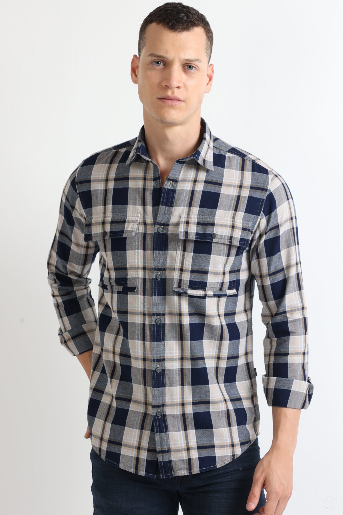 Men Grey Cargo Checked Shirt | Steel Grey