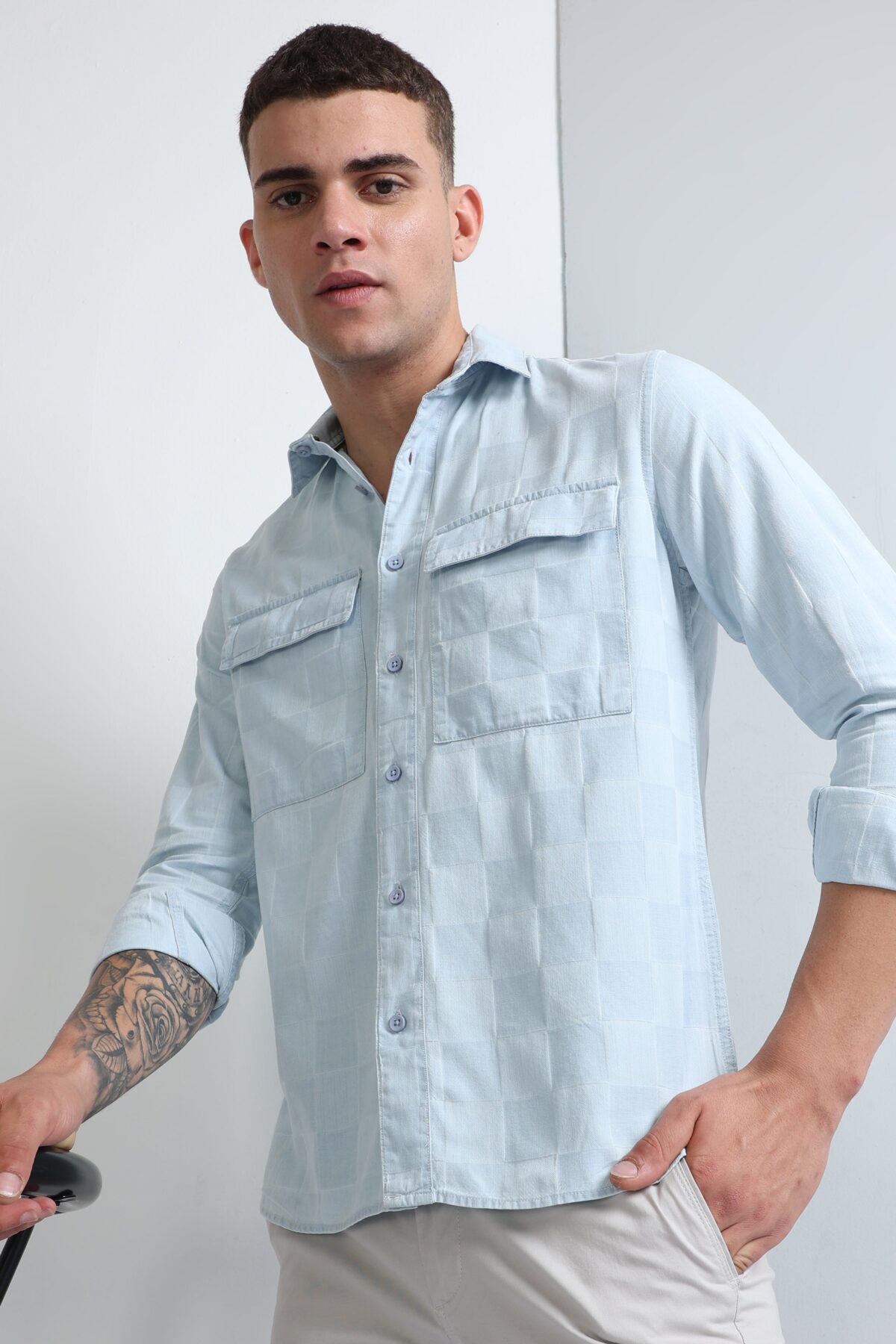 Men Light Blue Casual Plaid Shirt | Azure Mist