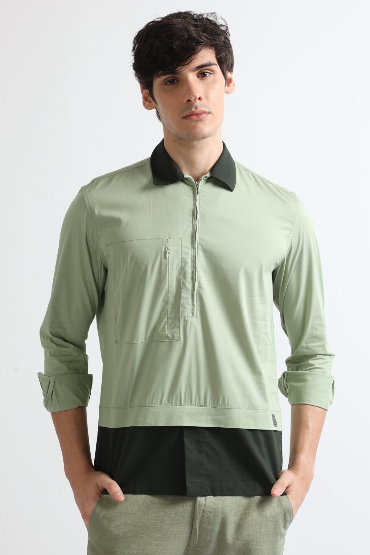 Pista Green Open Collar Kurta Style Shirt for Men