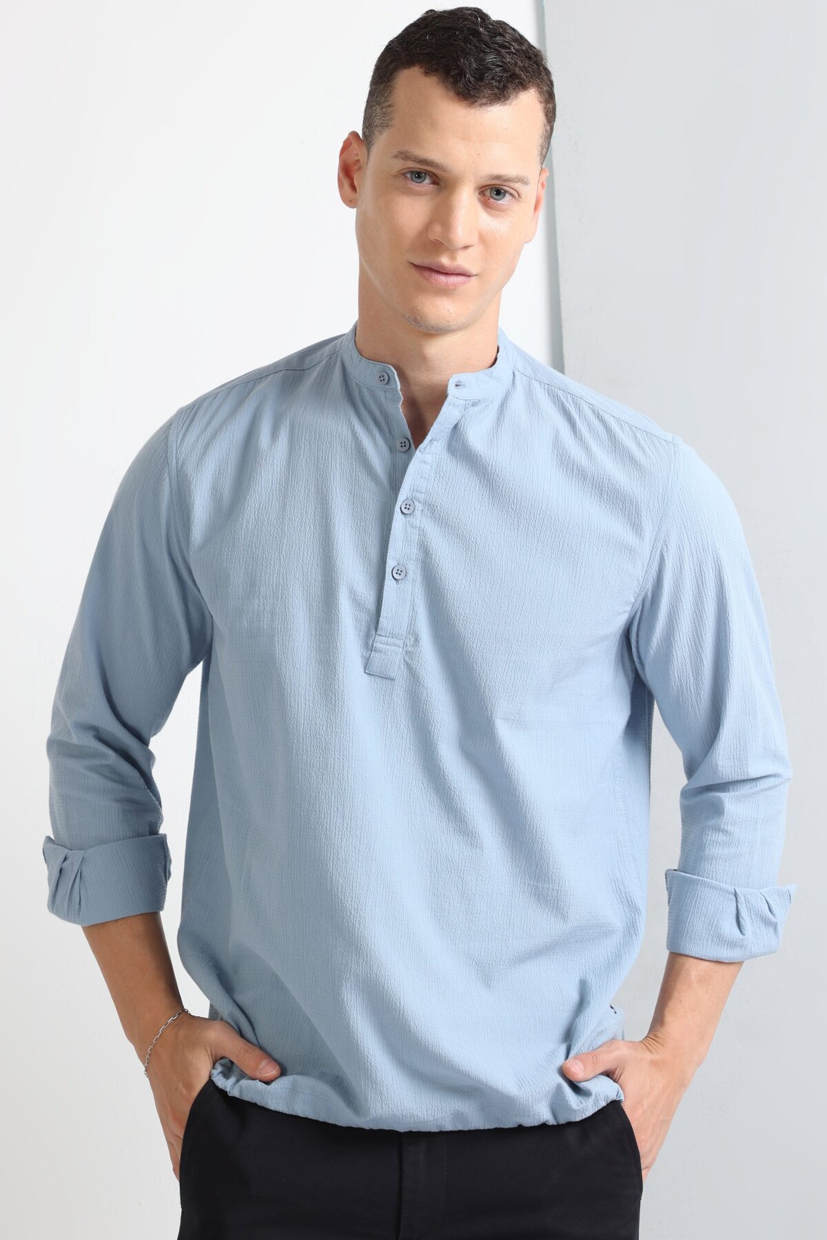 Blue Kurta Style Shirt with Chinese Collar for Men