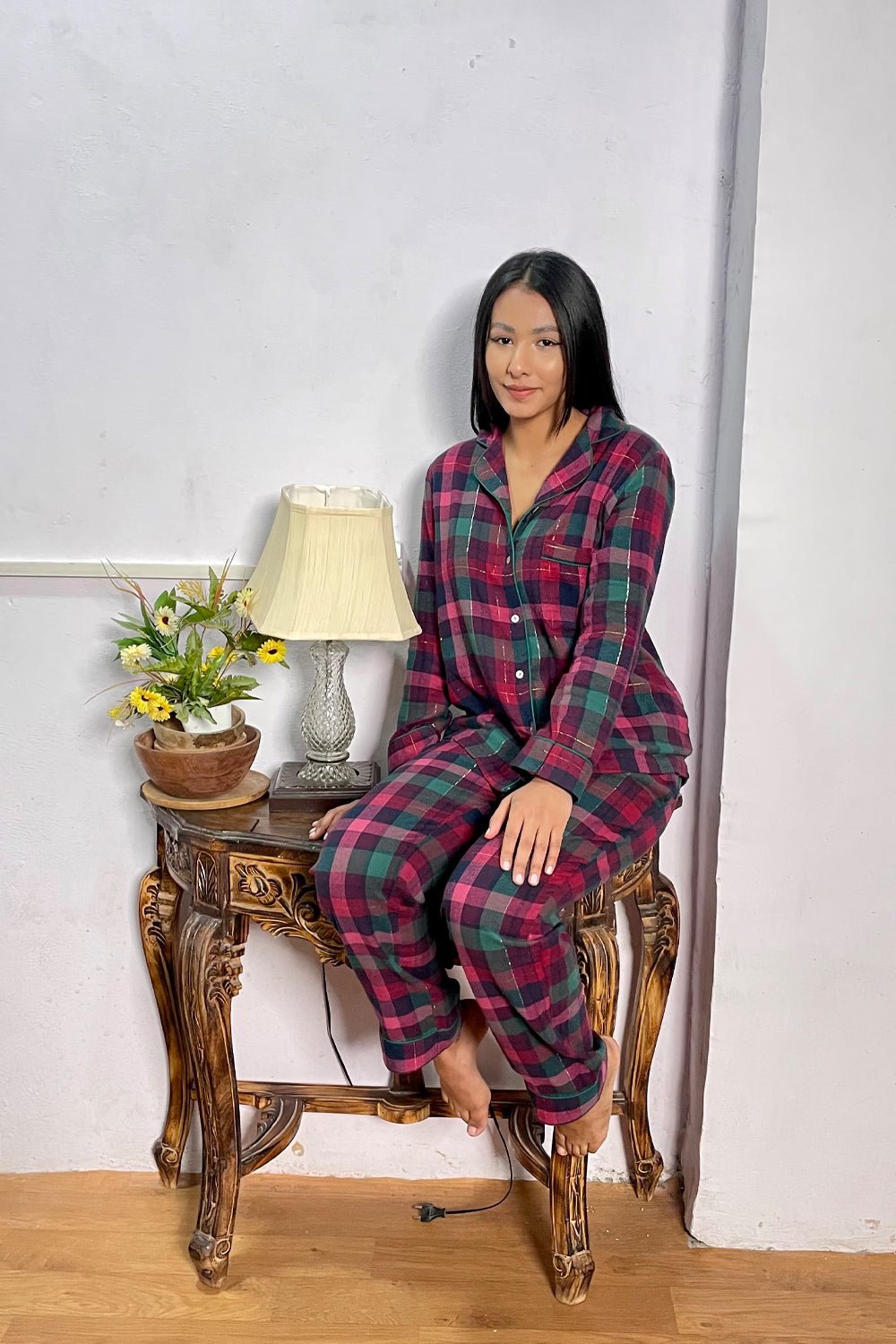 Burgundy Green Check Flannel Pyjama Set