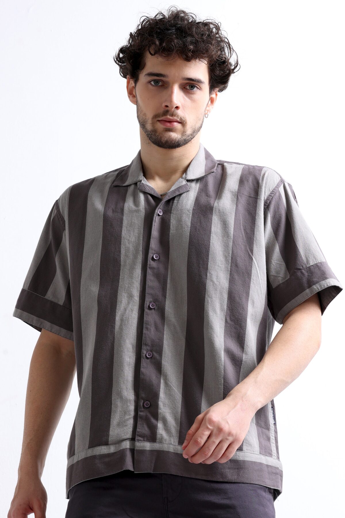 Brown Straight Cut Striped Open Collar Shirt for Men