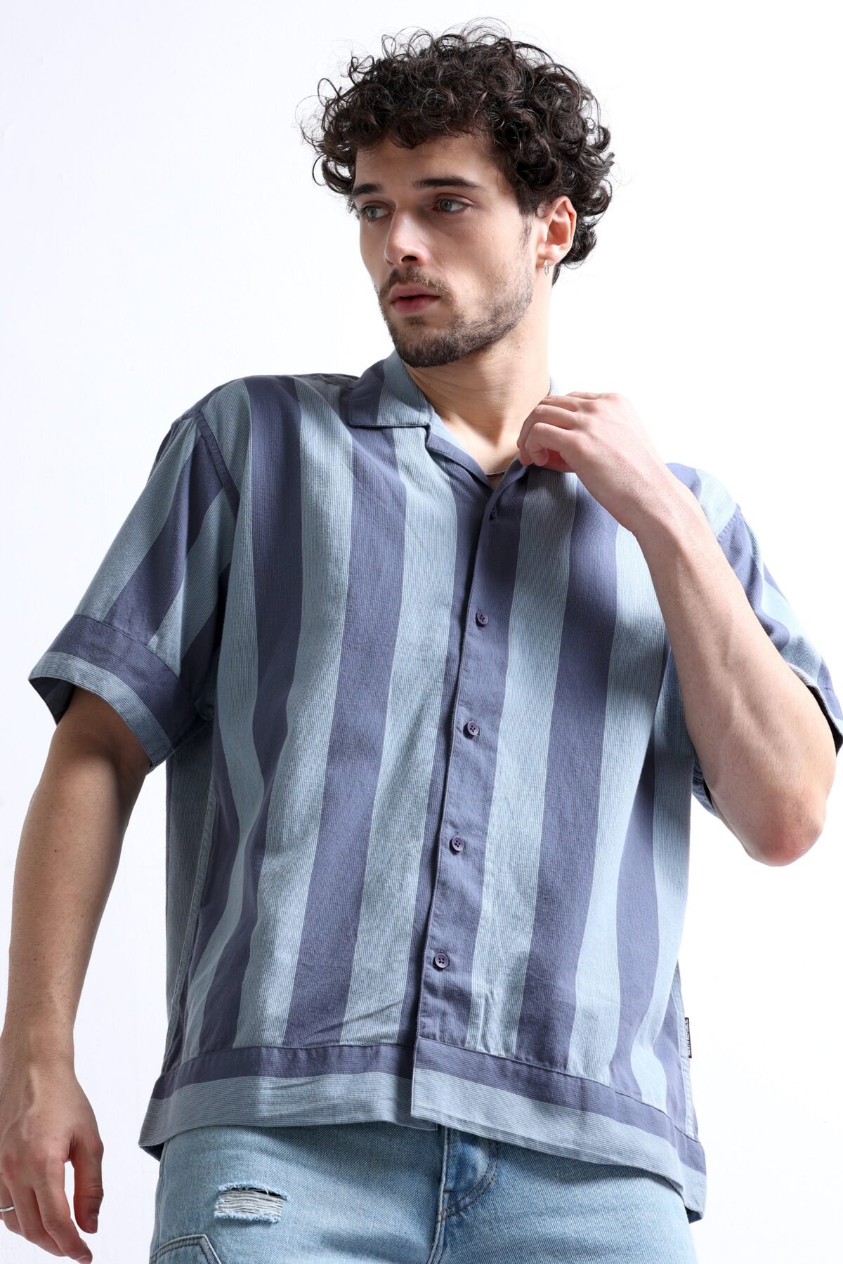 Straight Hem Striped Shirt with Open Collar for Men | Blue