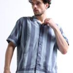 Straight Hem Striped Shirt with Open Collar for Men | Blue