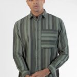 Green Oxford Cargo Pocket Men Striped Shirt