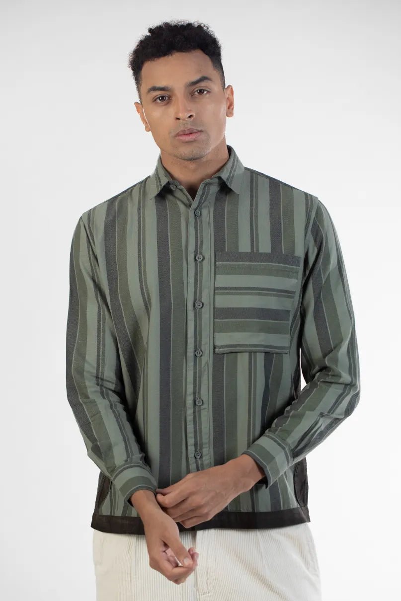 Green Oxford Cargo Pocket Men Striped Shirt