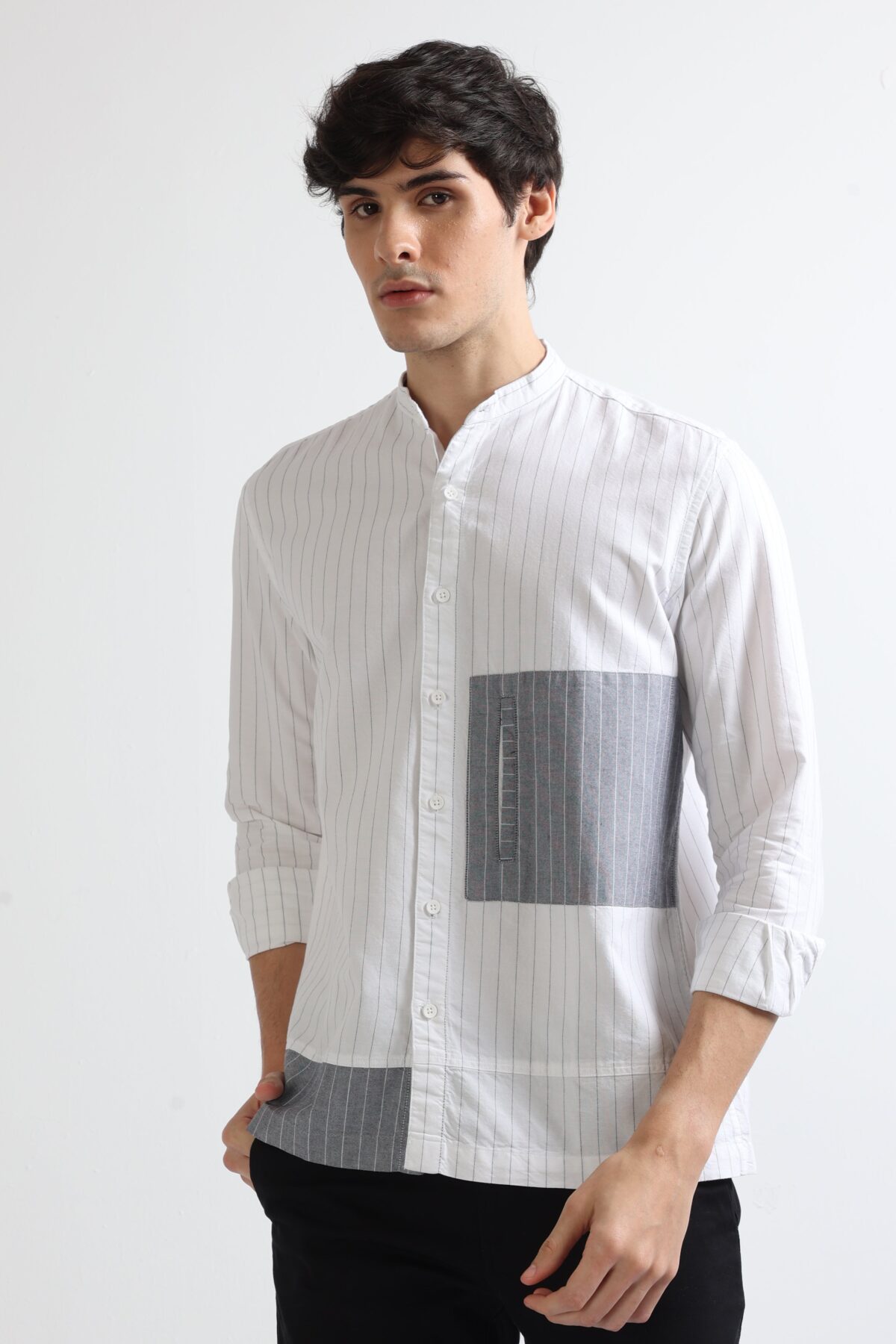 Men Mix-Match Oxford Stripe Shirt with Mandarin Collar | White