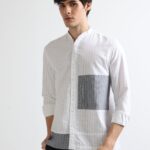 Men Mix-Match Oxford Stripe Shirt with Mandarin Collar | White