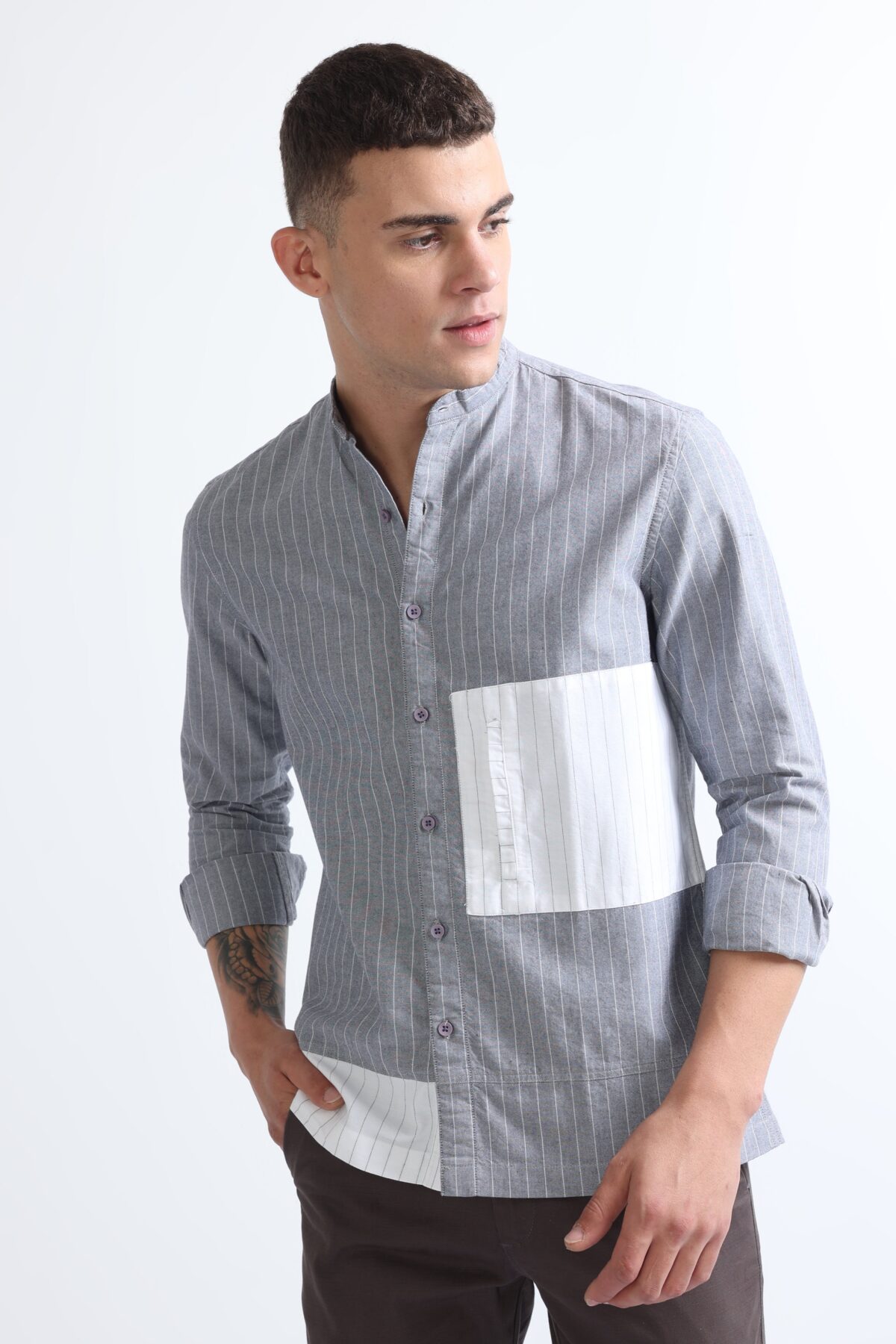 Grey Mix-Match Mandarin Collar Oxford Stripe Shirt