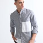 Grey Mix-Match Mandarin Collar Oxford Stripe Shirt