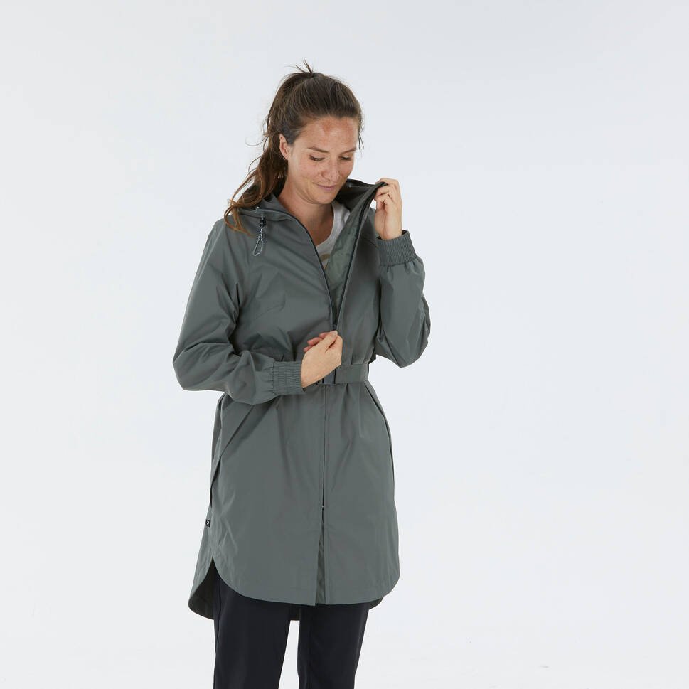 Women's Green Waistband Waterproof Rain Jacket with Portable Storage Pouch