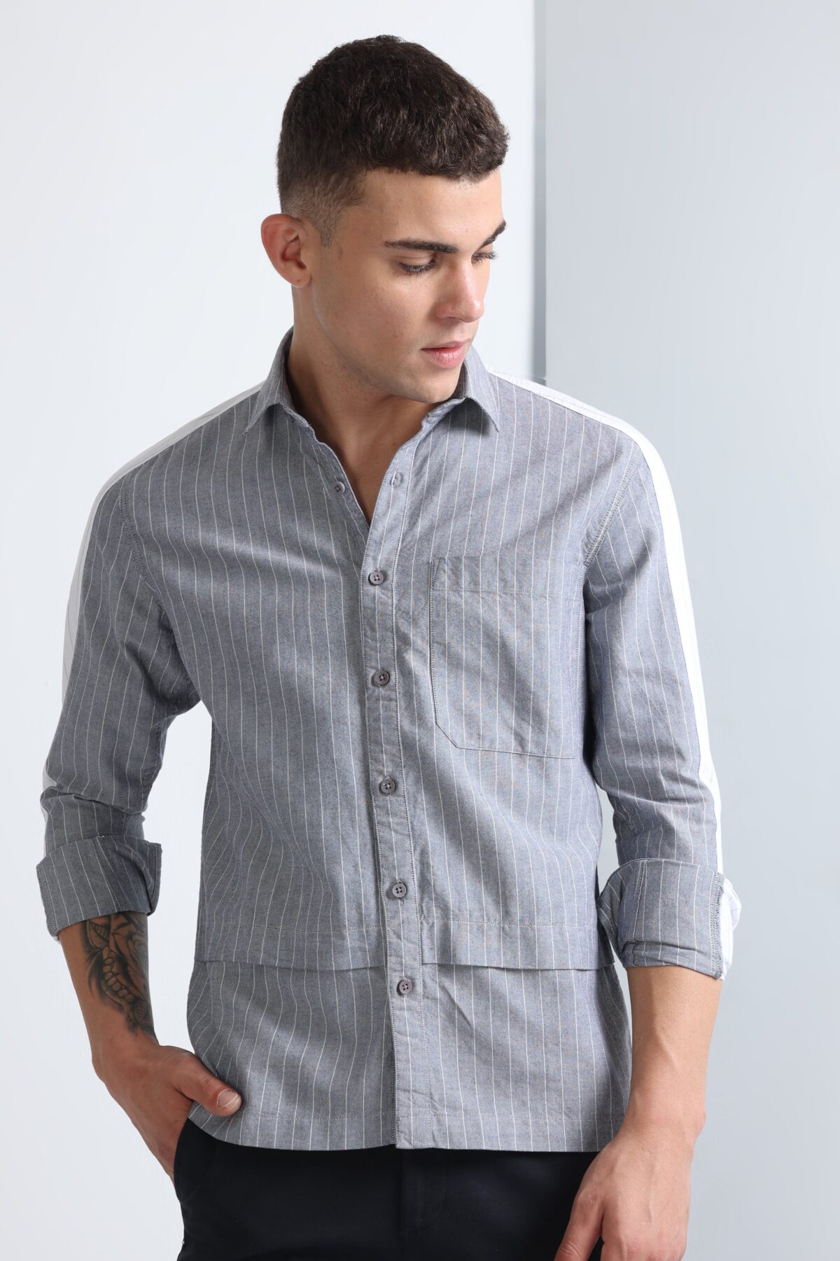 Grey Paneled Full Sleeve Shirt for Men