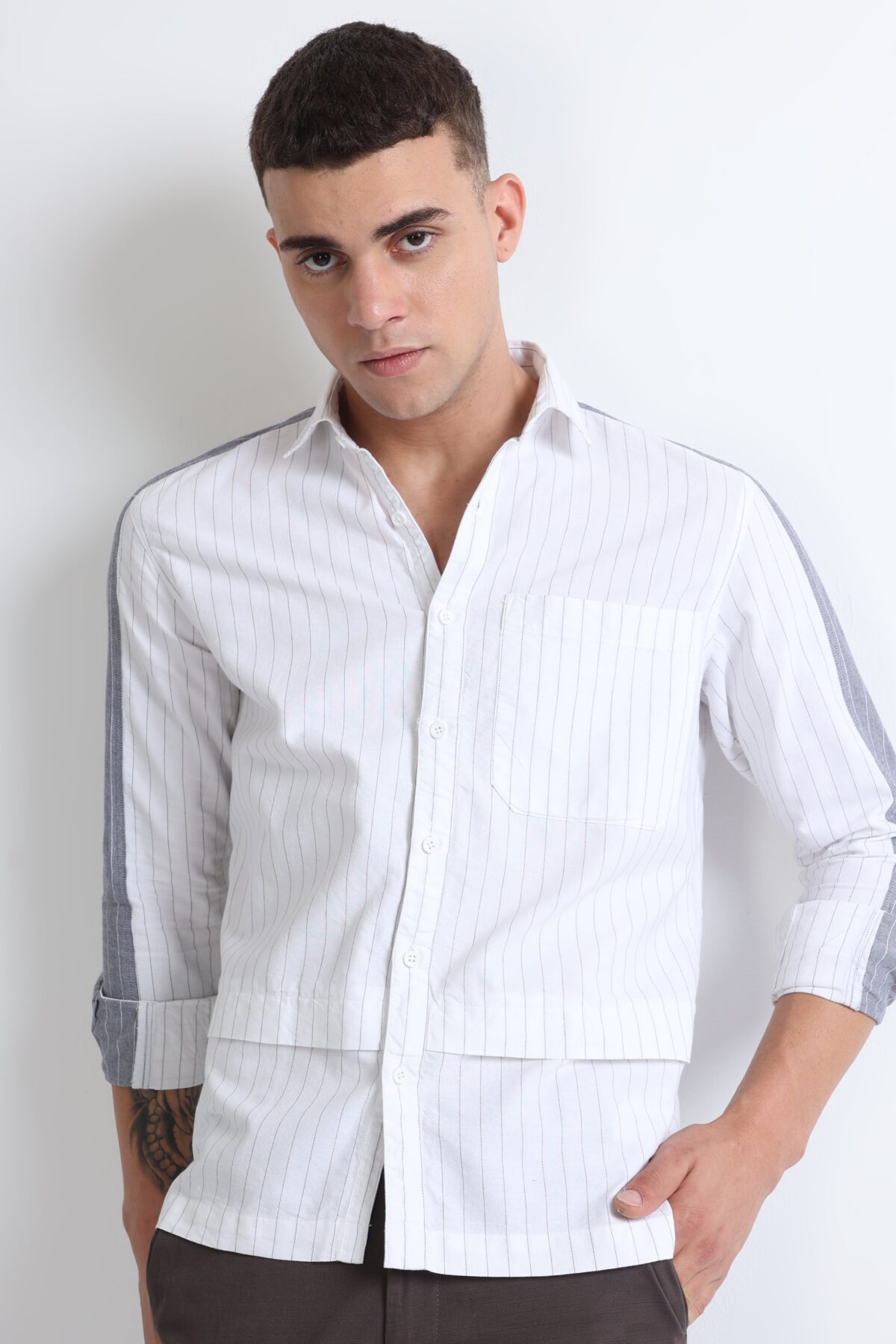 Men Paneled Full Sleeve Fashion Shirt | White