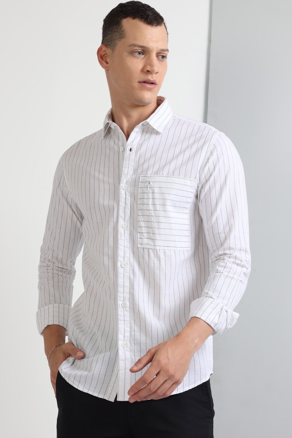 Stylish Striped Shirt with Zipper Pocket for Men | White