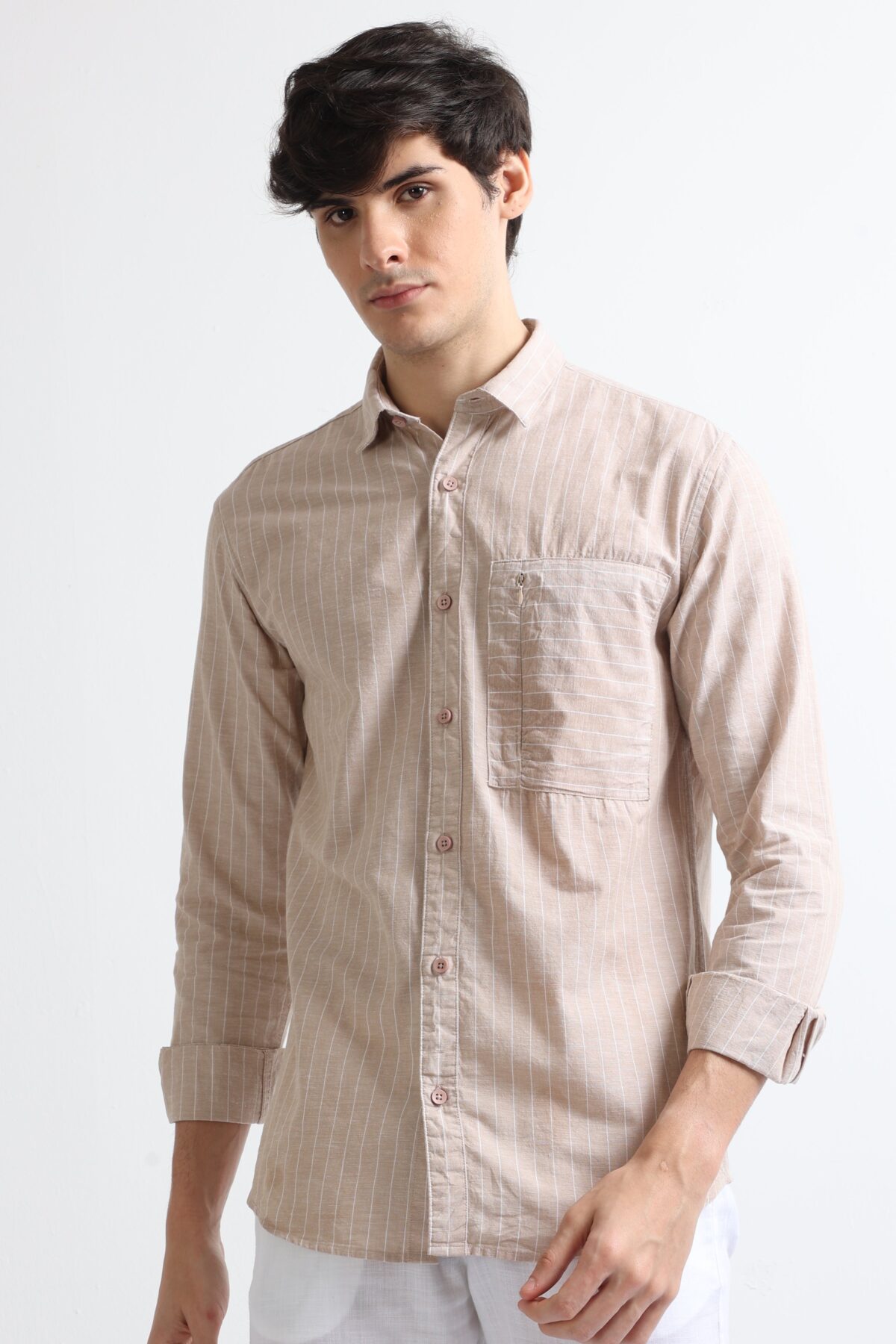 Beige Zipper Pocket Stylish Striped Shirt for Men
