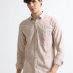 Beige Zipper Pocket Stylish Striped Shirt for Men